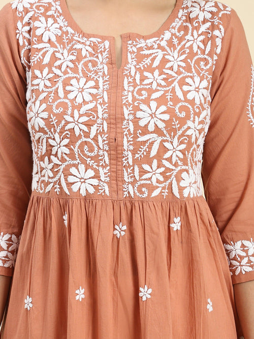 Tint Orange Colour Cotton Kurti With Beautiful Aari Embroidery Gives